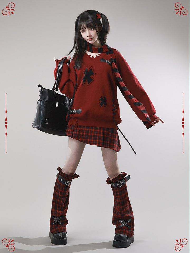 Grunge Distressed Cross Knit Sweater Set