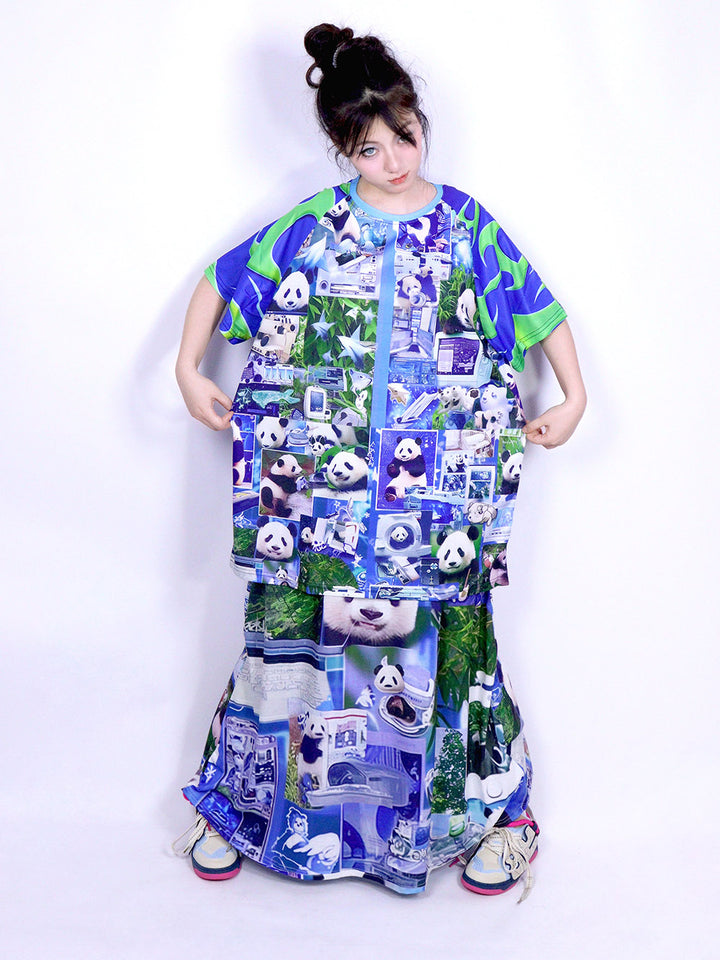 Blue Panda Collage Oversized T Shirt