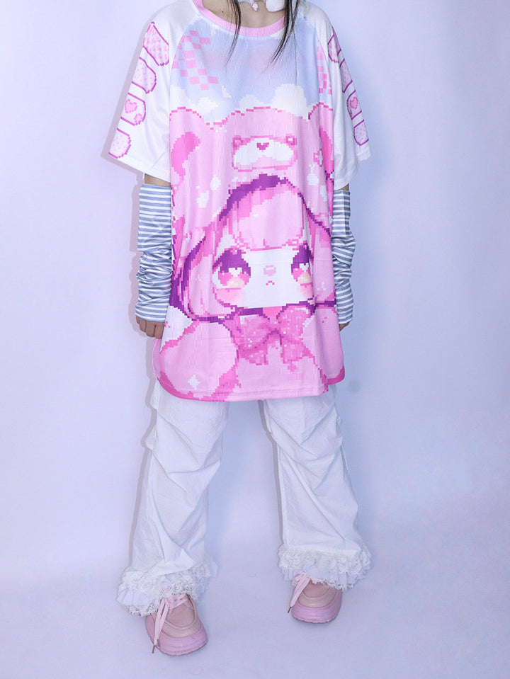 Pink Pixel Bear Girl Oversized T-Shirt