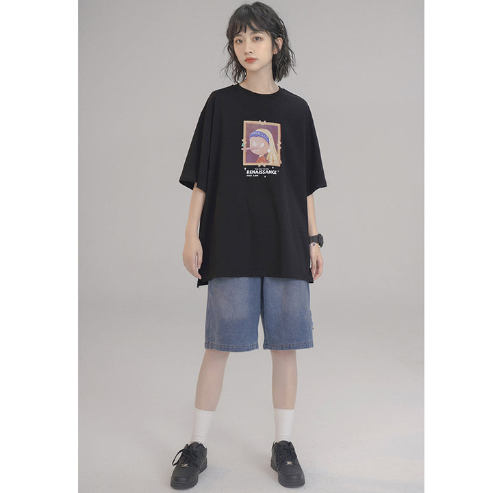 Oil Painting Letter Printed Loose Short Sleeve Summer T-shirt