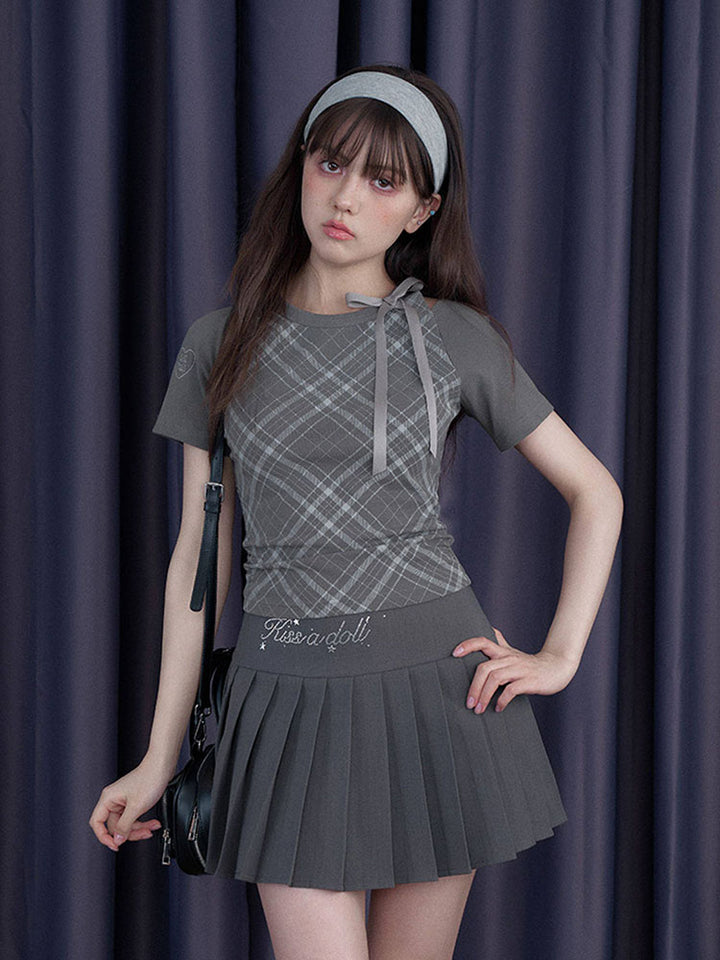 Gray Plaid Bow Cutout Ruched Tee