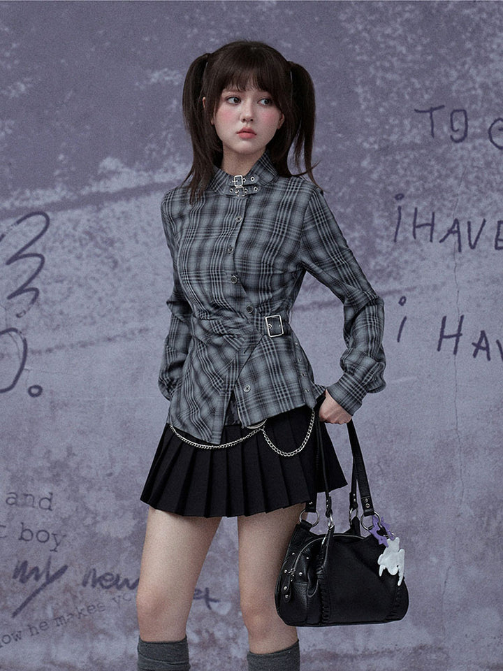 Grunge Asymmetric Plaid Buckle Neck Top