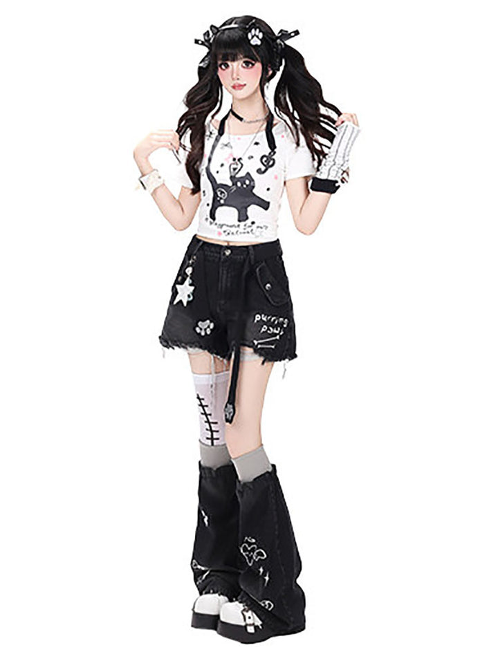 Faux Halter Kawaii Cat Graphic Tee