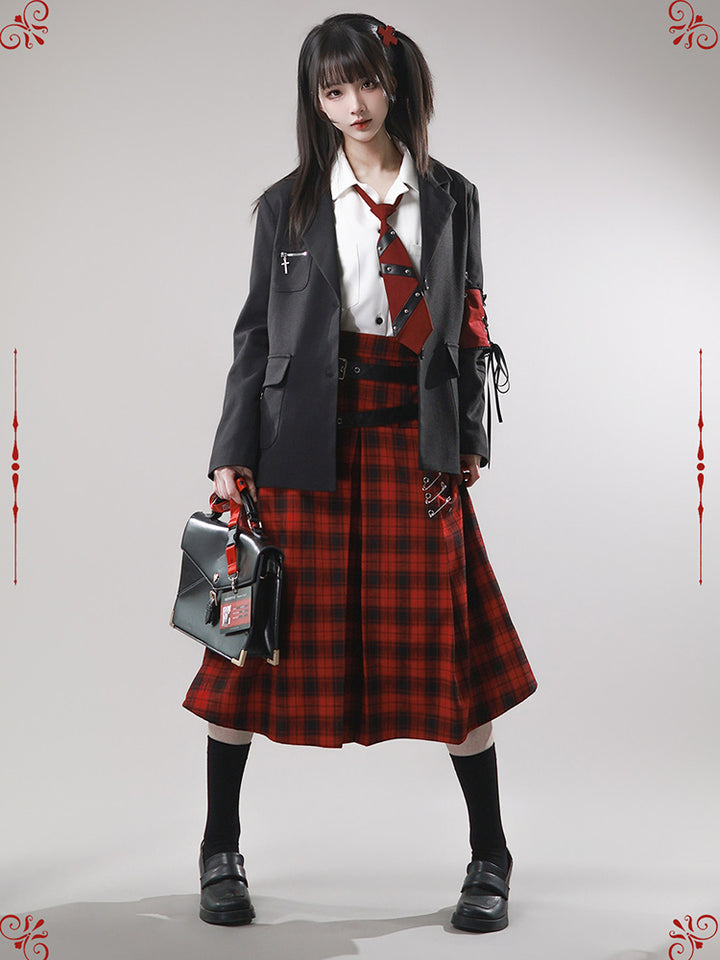 Gothic Red Plaid Double Belt Skirt