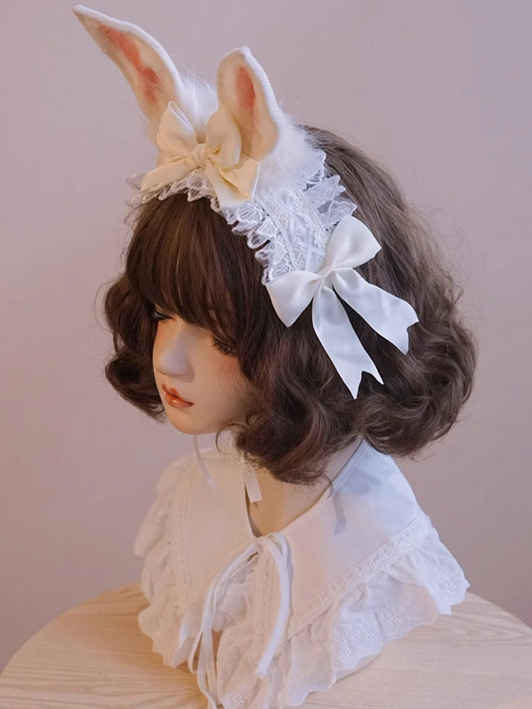Cream Bunny Ear Lace Headband Pair