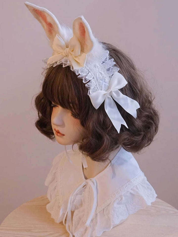 Cream Bunny Ear Lace Headband Pair