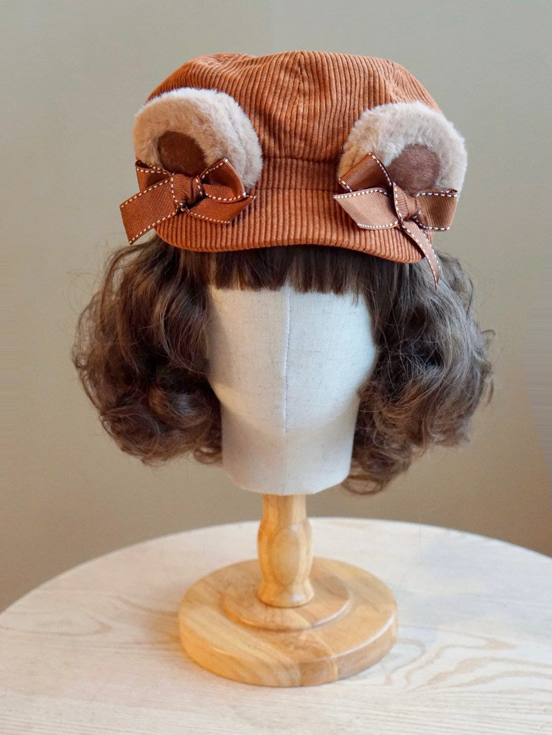 Velvet Bear Ear Corduroy Newsboy Cap with Bow