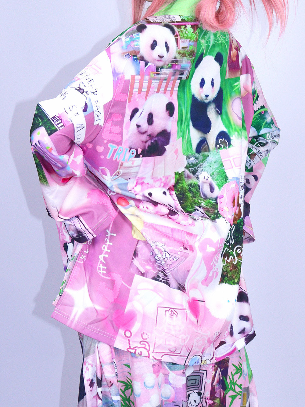 Pink Panda Collage Mandarin Collar Shirt