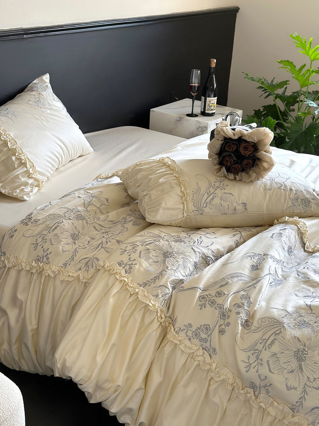 Floral Embroidery Ruffled Lace Cotton Bedding Set