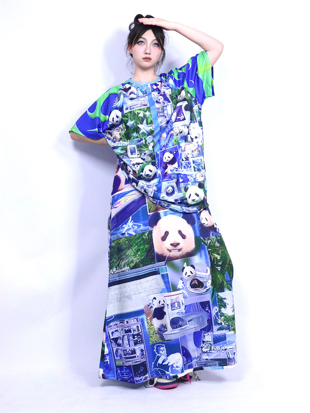 Blue Panda Collage Oversized T Shirt