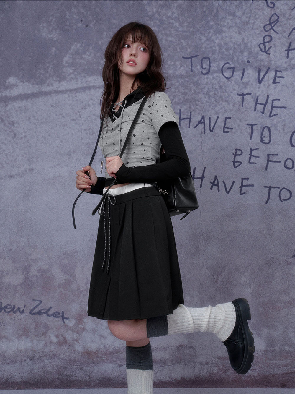 Black Contrast Waist Pleated Midi Skirt