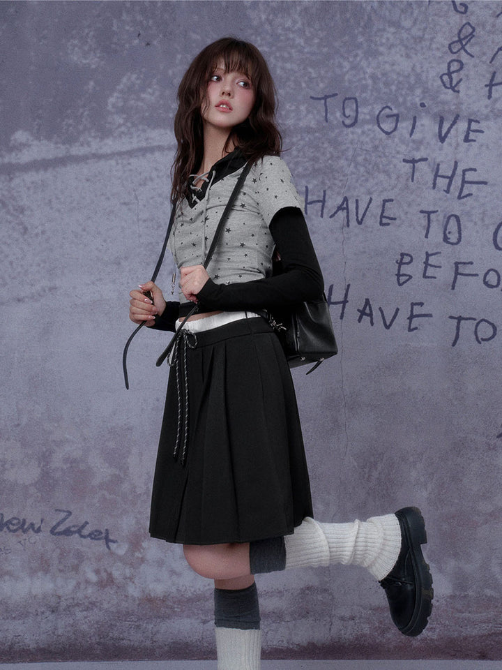Black Contrast Waist Pleated Midi Skirt