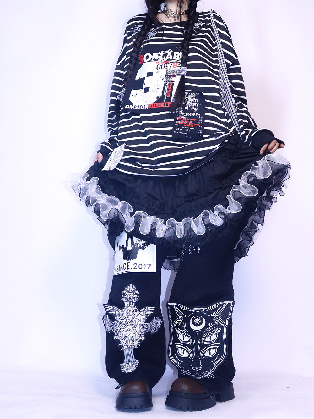 Black Striped Graphic Oversized Long Sleeve T Shirt