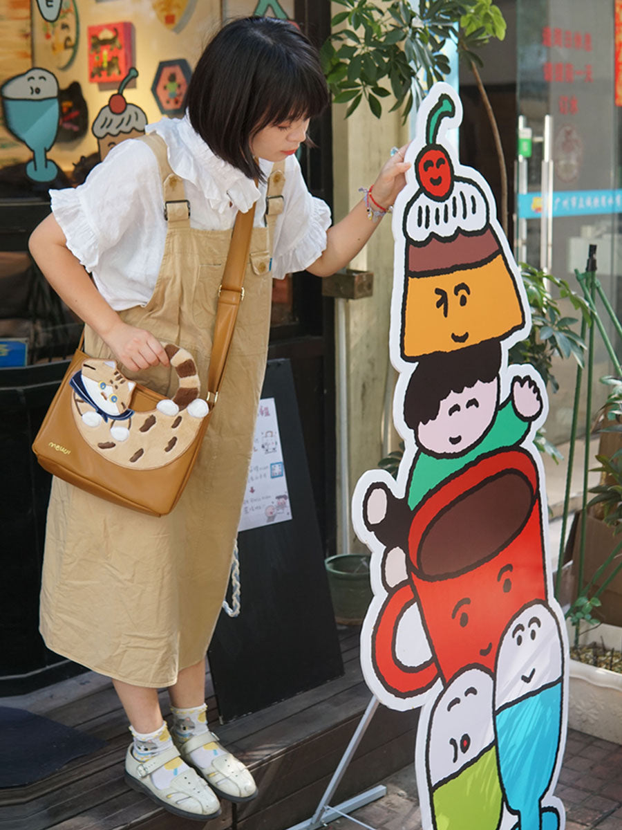Cute Japanese-Style Brown Calico Cat Shoulder Bag