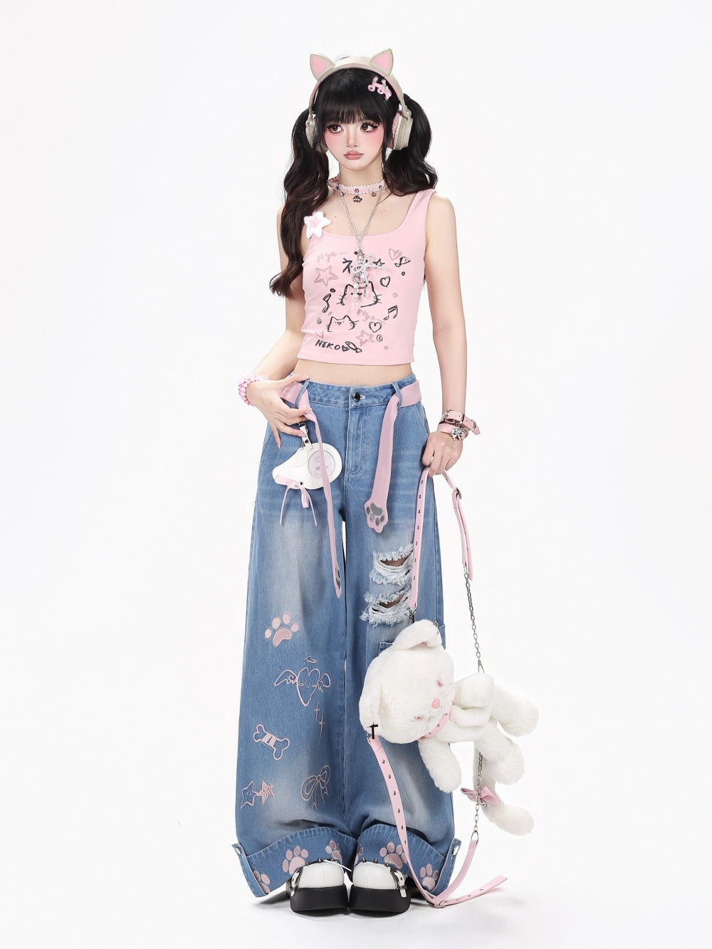 Purring Paws Distressed Plaid Cuff Wide Leg Jeans