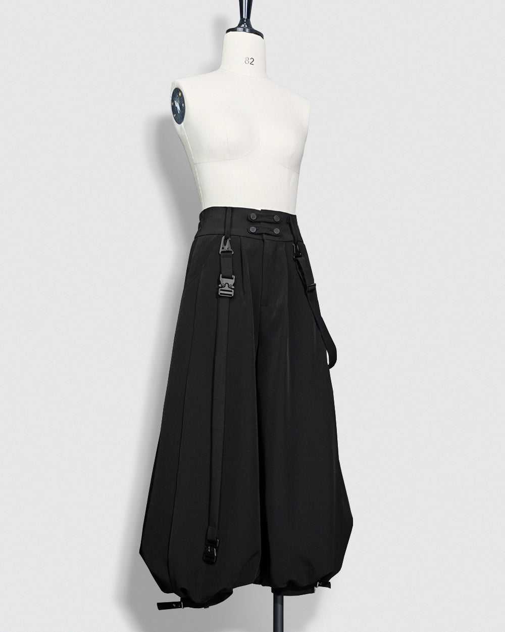 Edgy Black Wide-Leg Cropped Pants with Strap Accents