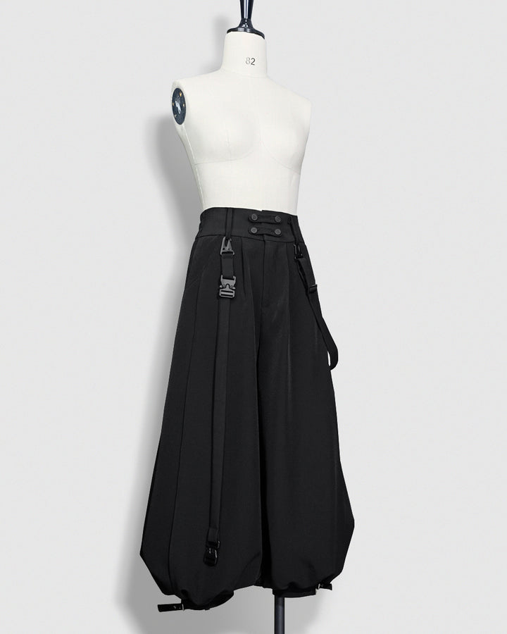 Edgy Black Wide-Leg Cropped Pants with Strap Accents