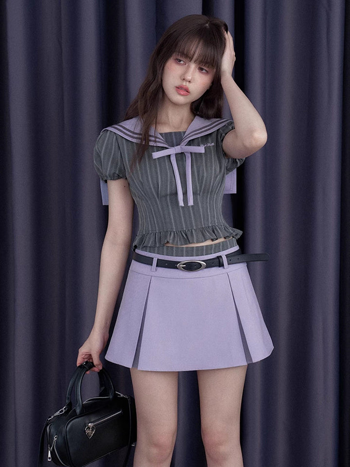 Lavender Layered Waist Belted Mini Skirt