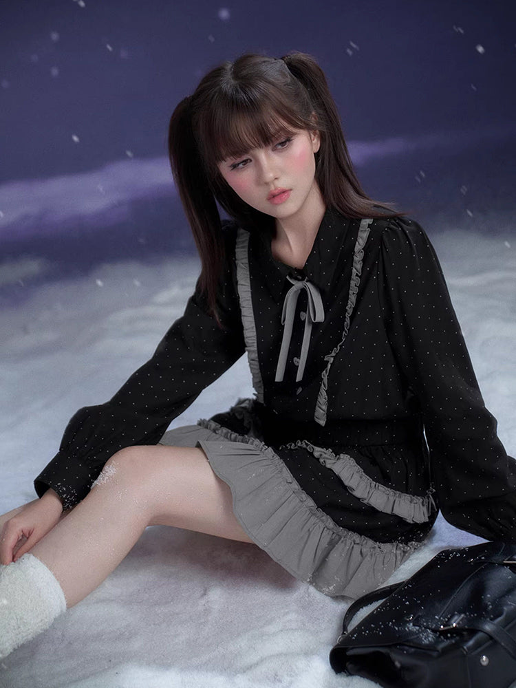 Dark Gray Polka Dot Ruffle Preppy Shirt Dress