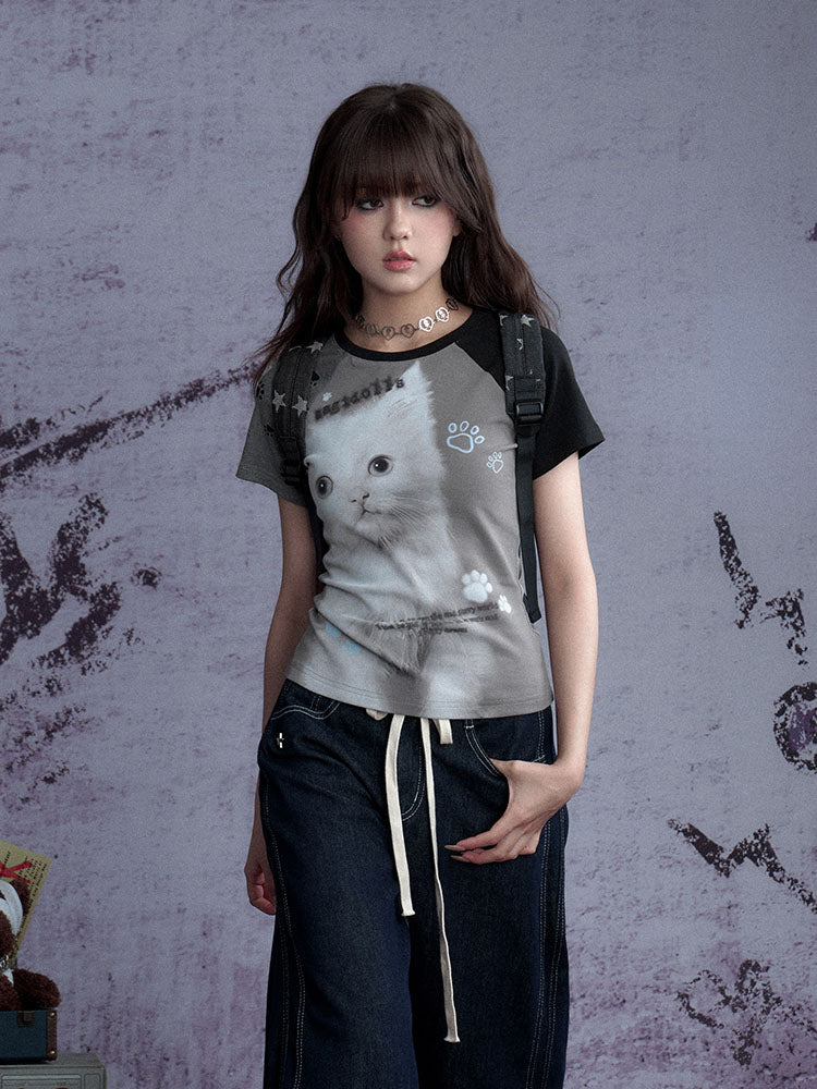 Gray Kitten Graphic Raglan Tee