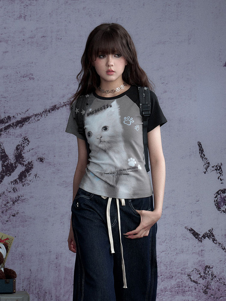 Gray Kitten Graphic Raglan Tee