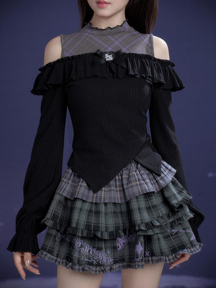 Black Purple Off-Shoulder Long Sleeve Top