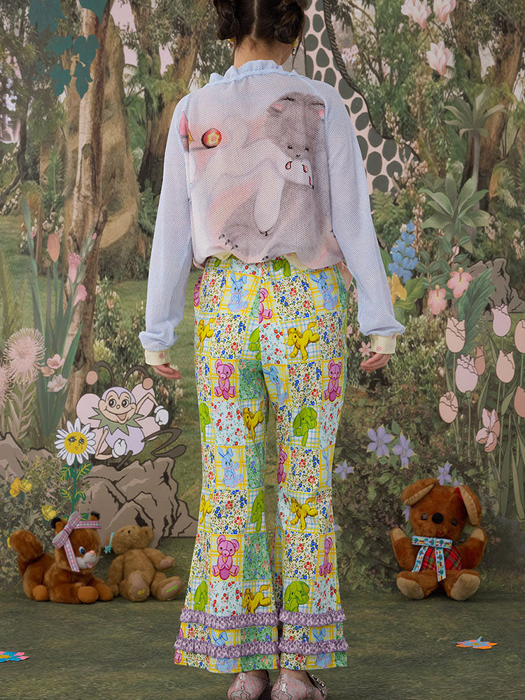 Patchwork Animal Floral Ruffle Flare Pants