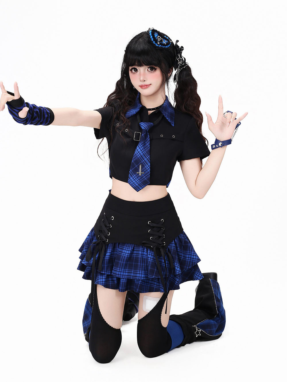 Plaid Tie Crop Top Ruffle Skirt
