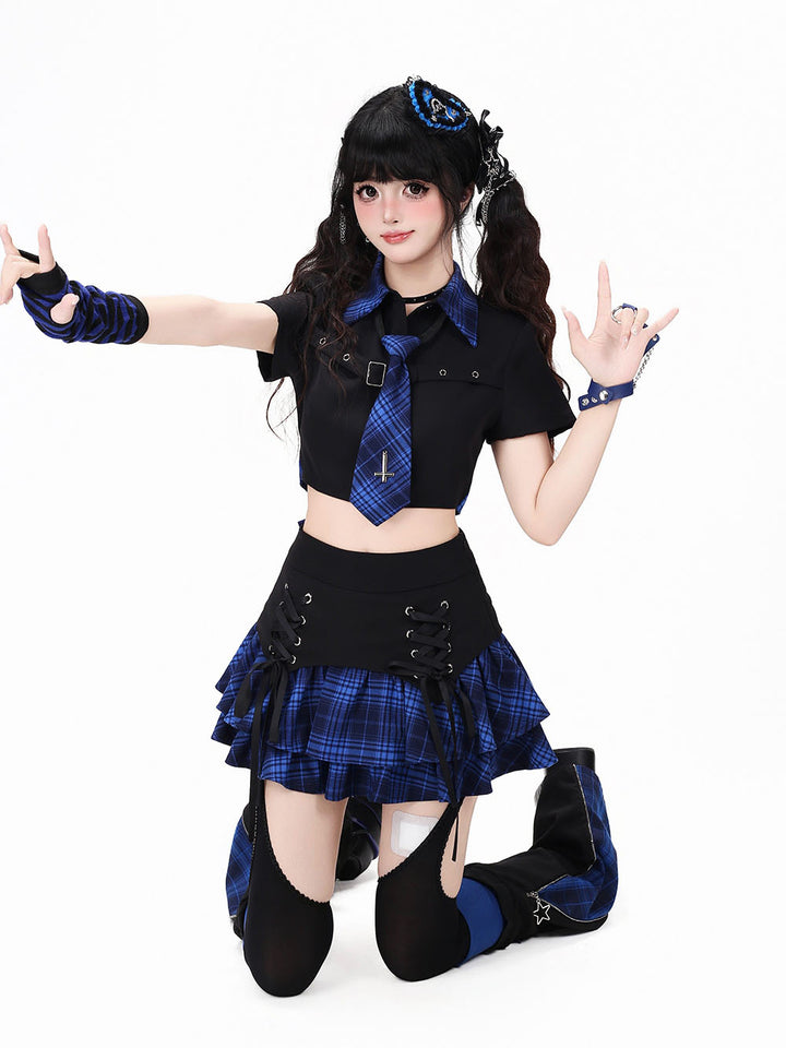 Plaid Tie Crop Top Ruffle Skirt