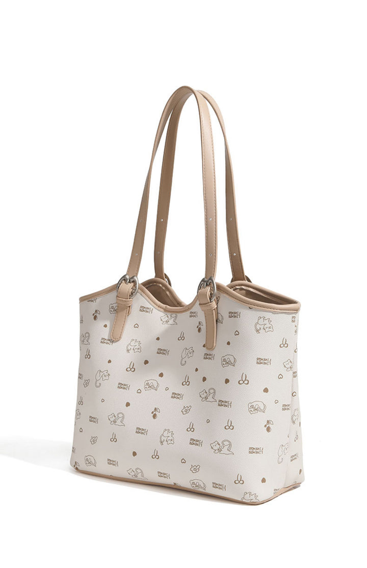 Large-capacity cat and floral print tote bag