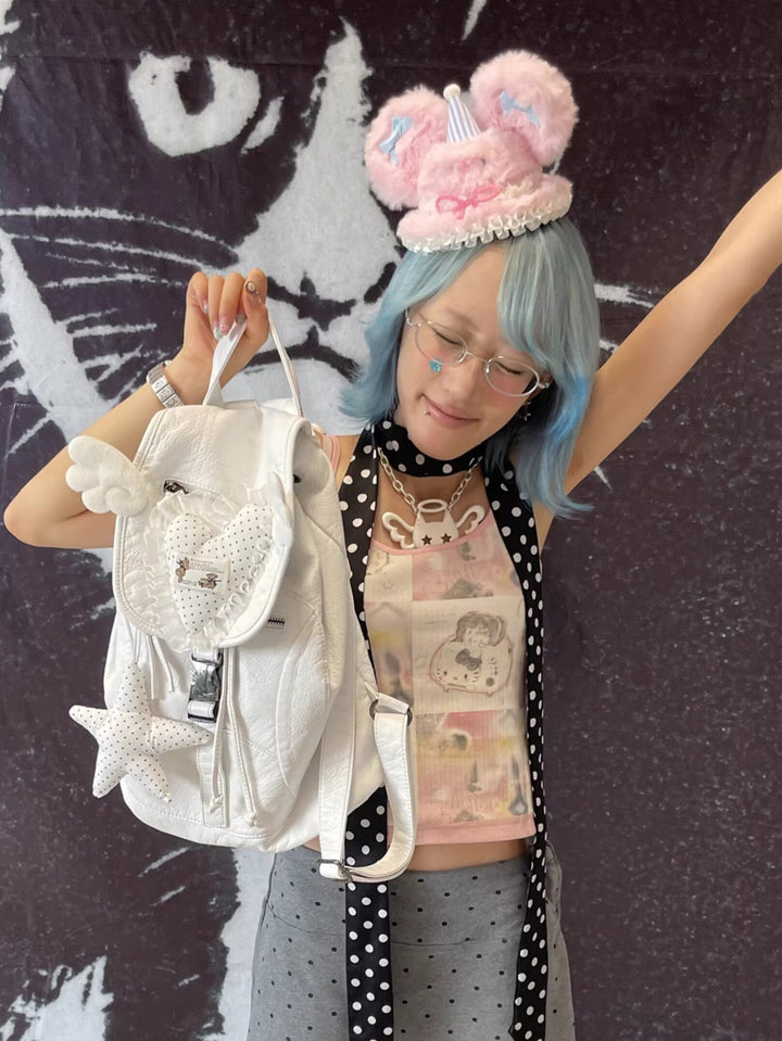 White Leather Heart Angel Wings Backpack