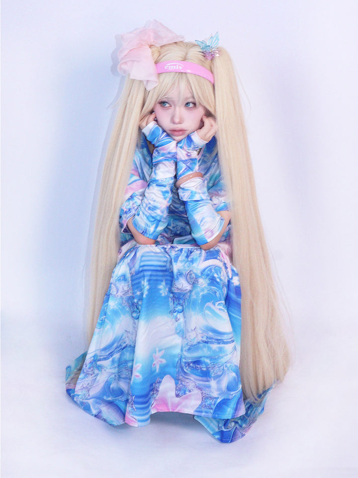 Blue Pastel Abstract Tiered Midi Dress