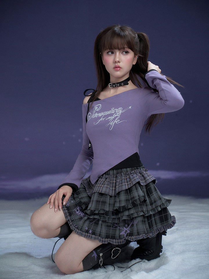 Purple Letter Print Layered Style Long Sleeve Top
