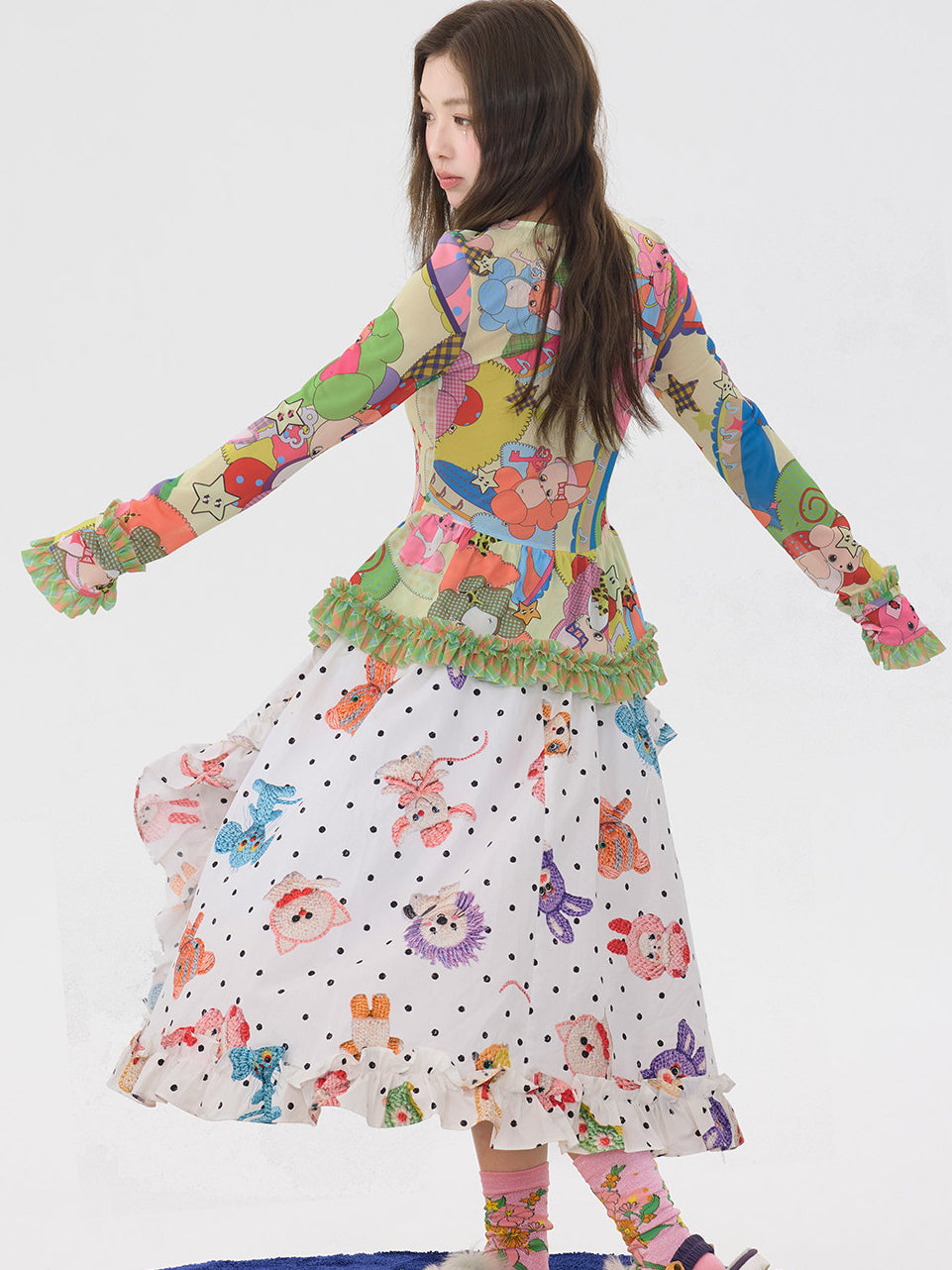 Colorful Cartoon Ruffle Layering Top