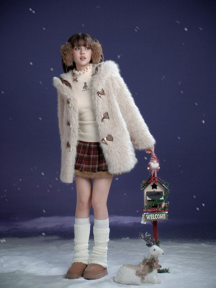 Red Plaid Fluffy Trim Pleated Mini Skirt