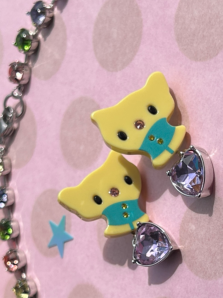 Pastel Kitty Rhinestone Necklace / Earrings