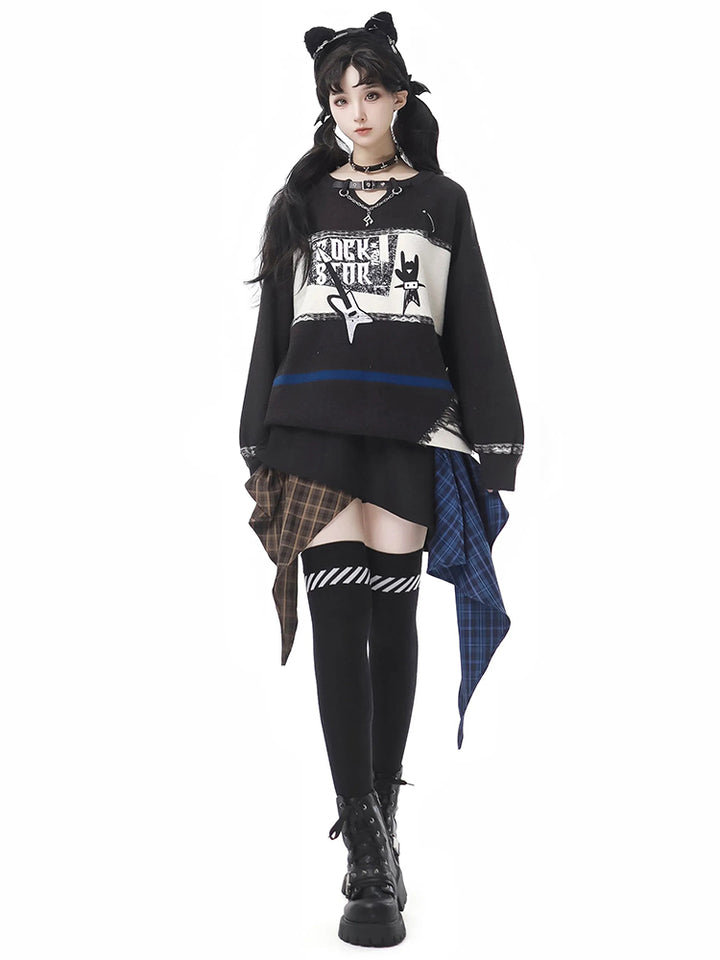 Gothic Punk Cat Print Sweater / Asymmetrical Plaid Skirt