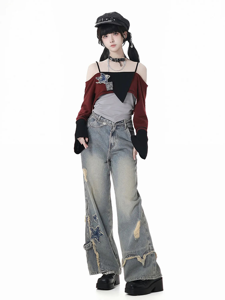 Vintage Washed Wide Leg Jeans with Stars and Ripped Hem