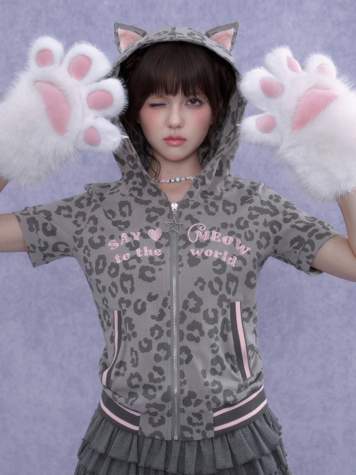 Leopard Print Cat Ear Short Sleeve Hoodie