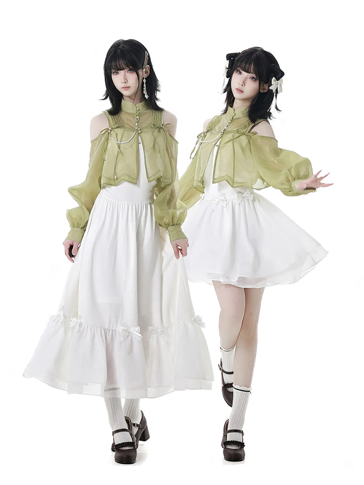 Spring Summer Green White Dress / Off Shoulder Top