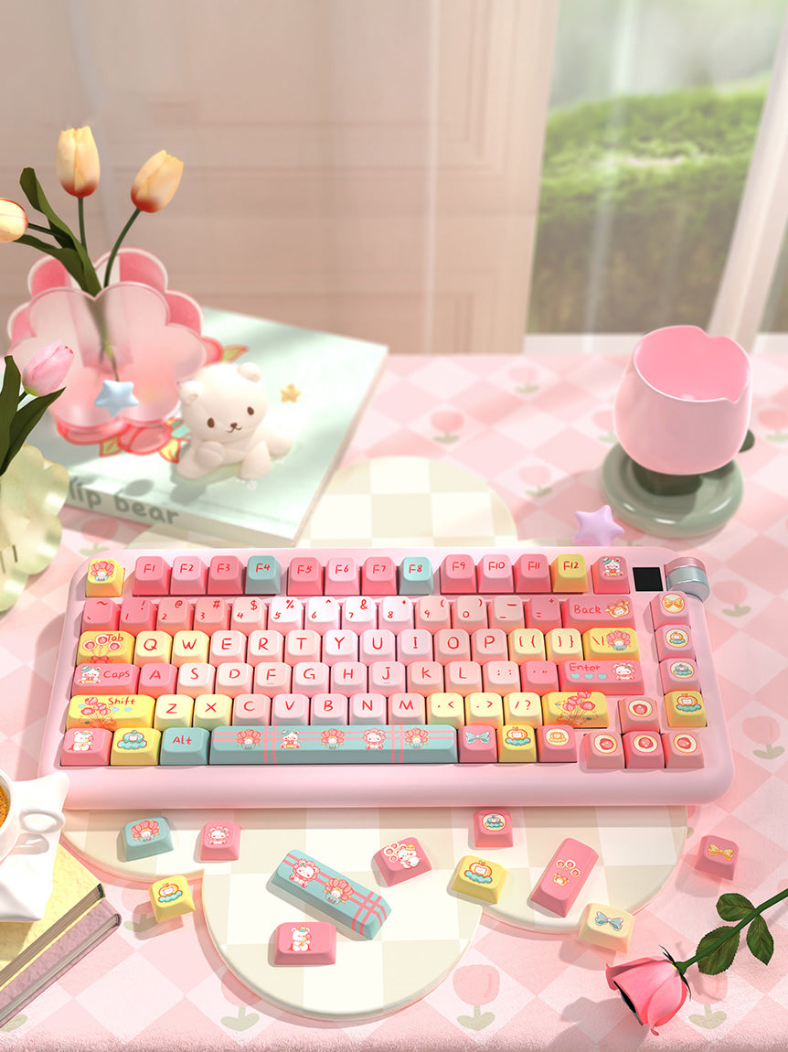 Cartoon Tulip Bear Keycaps Set for Mechanical Keyboards