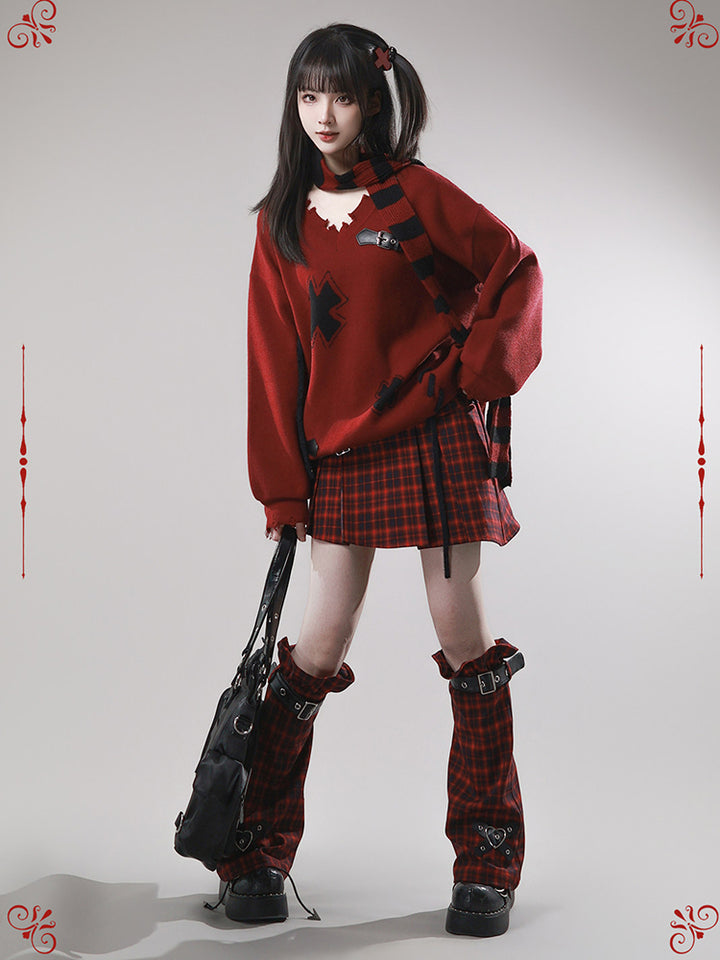 Grunge Distressed Cross Knit Sweater Set