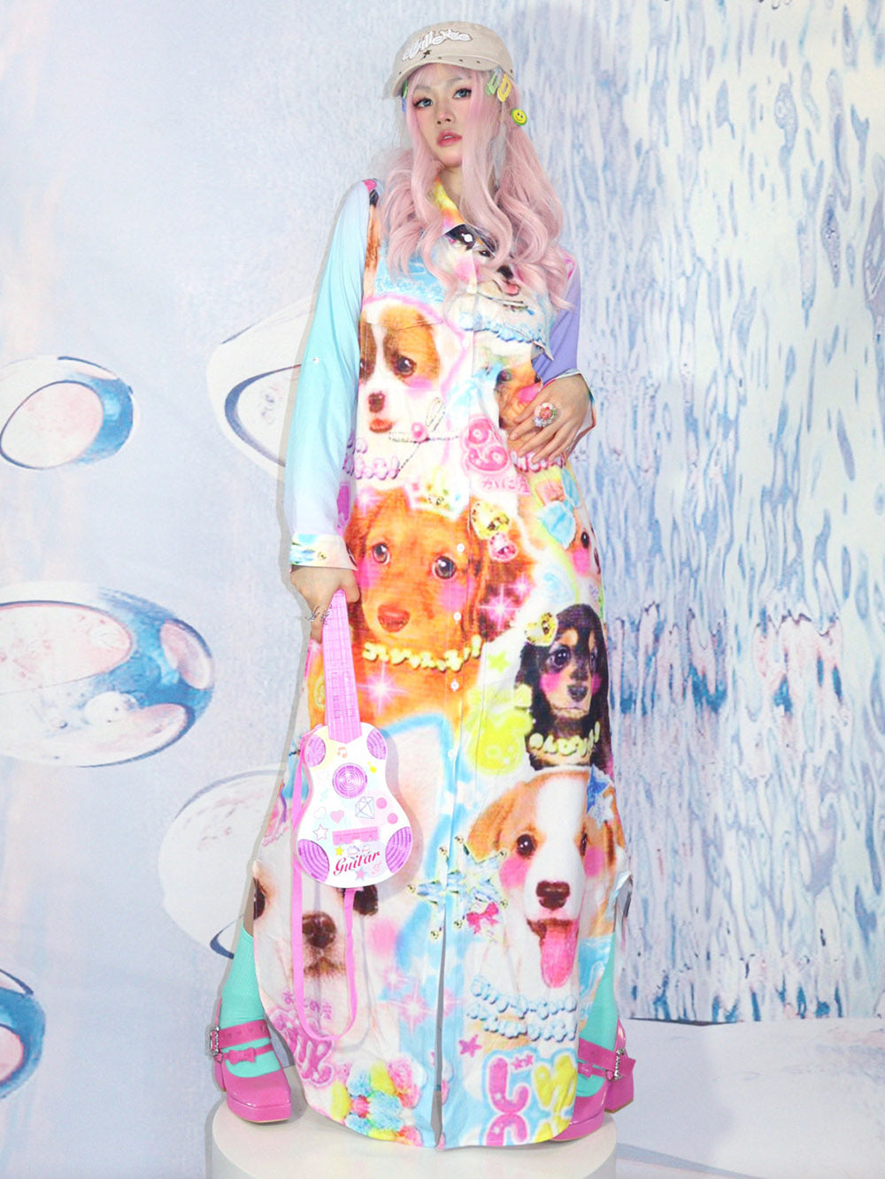 Multicolor Puppy Print Maxi Dress