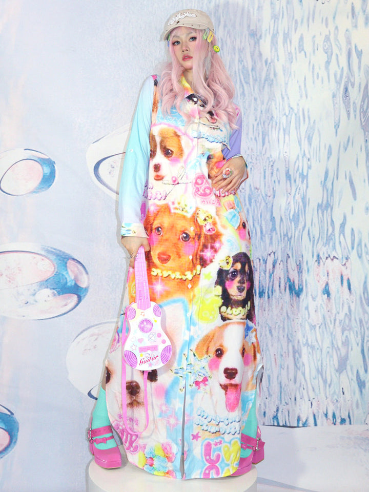 Multicolor Puppy Print Maxi Dress