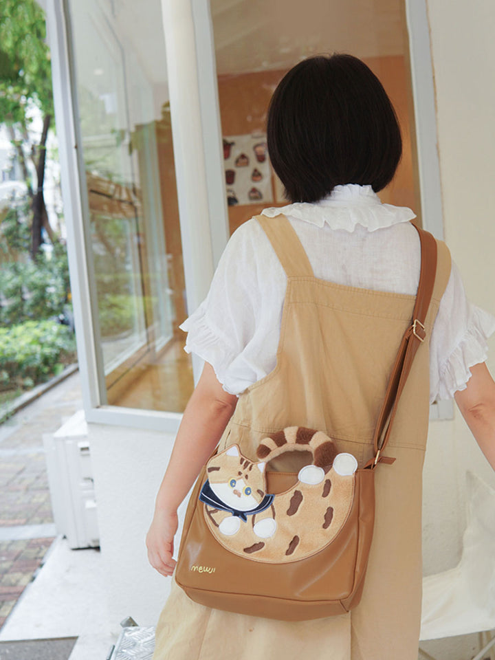 Cute Japanese-Style Brown Calico Cat Shoulder Bag