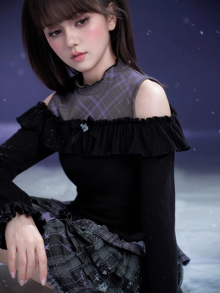 Black Purple Off-Shoulder Long Sleeve Top