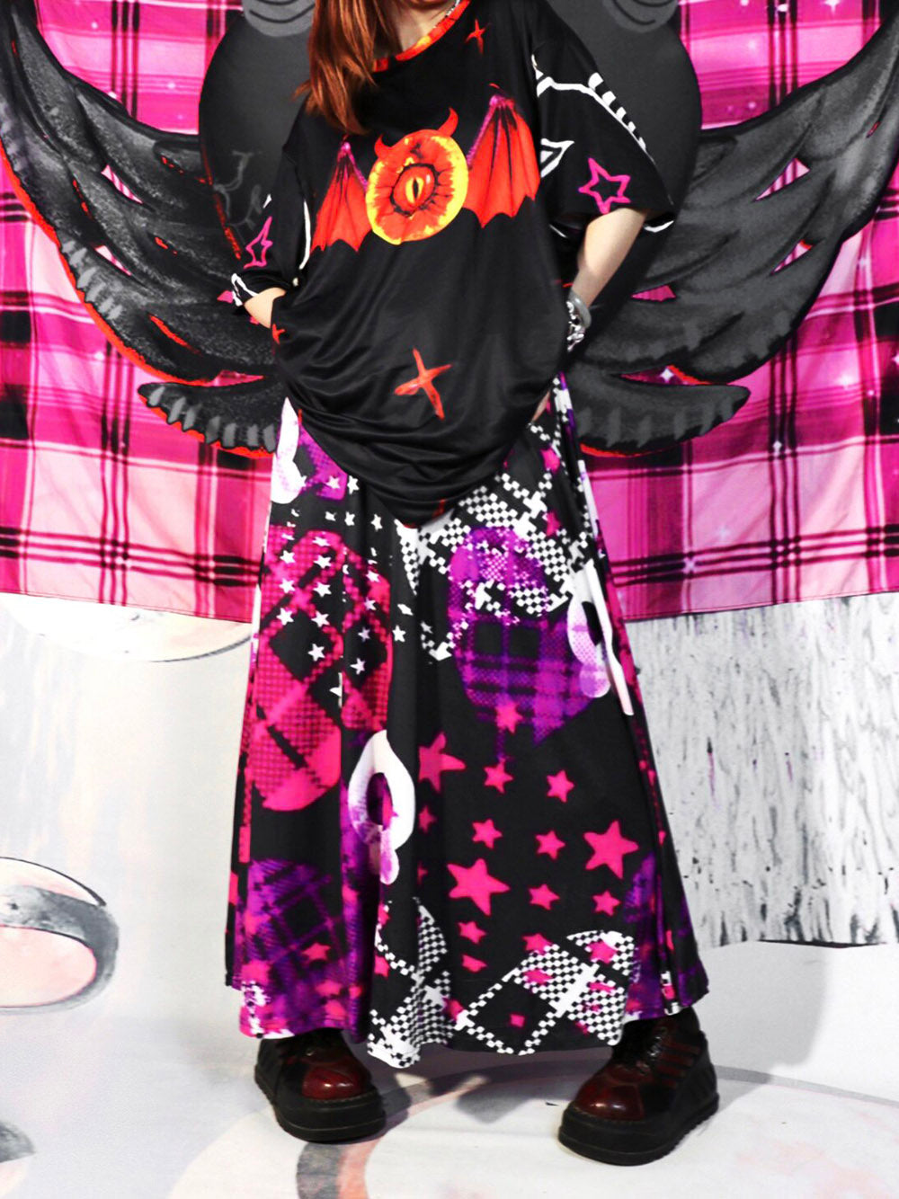 Black Pink Skull Plaid Gothic Maxi Dress