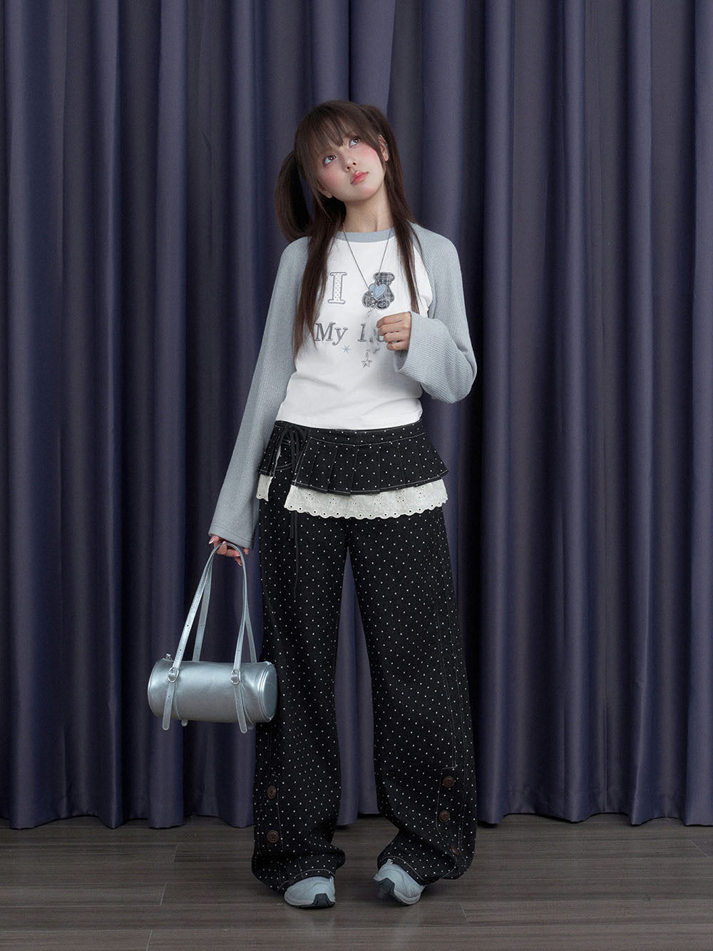 Black Polka Dot Button Detail Wide Leg Pants