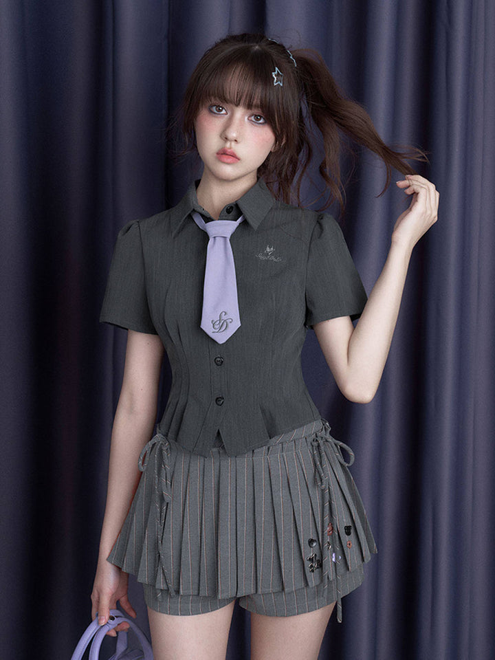 Gray Pinstripe Bow Pleated Skort