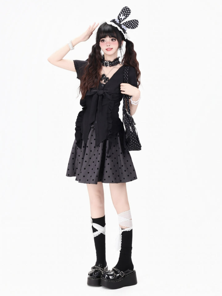 Black Polka Dot Smocked Ruffle Babydoll Top